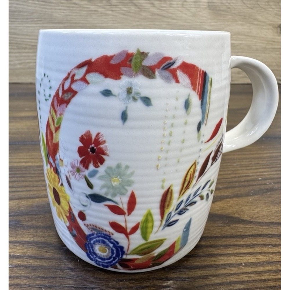 Anthropologie Starla M Halfmann Initial C Monogram Coffee Mug‎ Cream Floral Cup